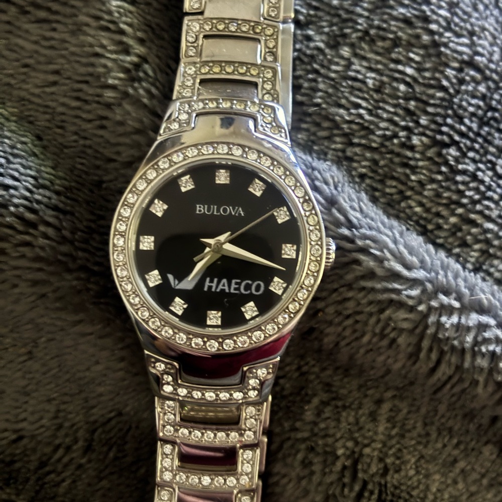 Bulova Silver Watch with Black Dial and Crystal Accents
